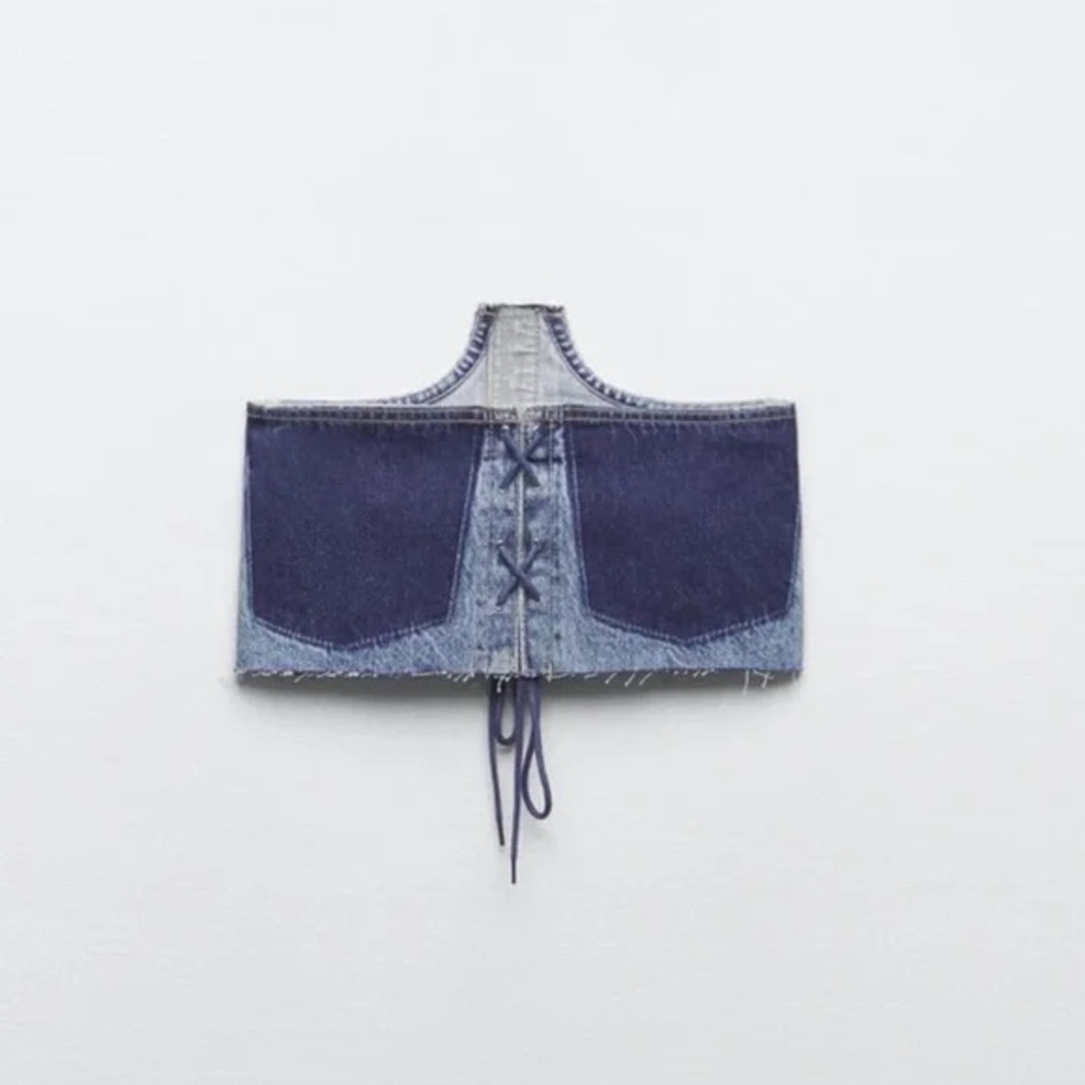 ZARA Denim Lace-Up Corset Top | Raw Edge Jean Bustier | Y2K Festival Size S NWT - Picture 7 of 10